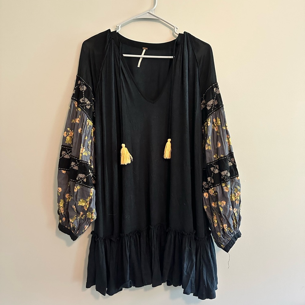 Free People boho black dress with beaded floral sleeves and tassels